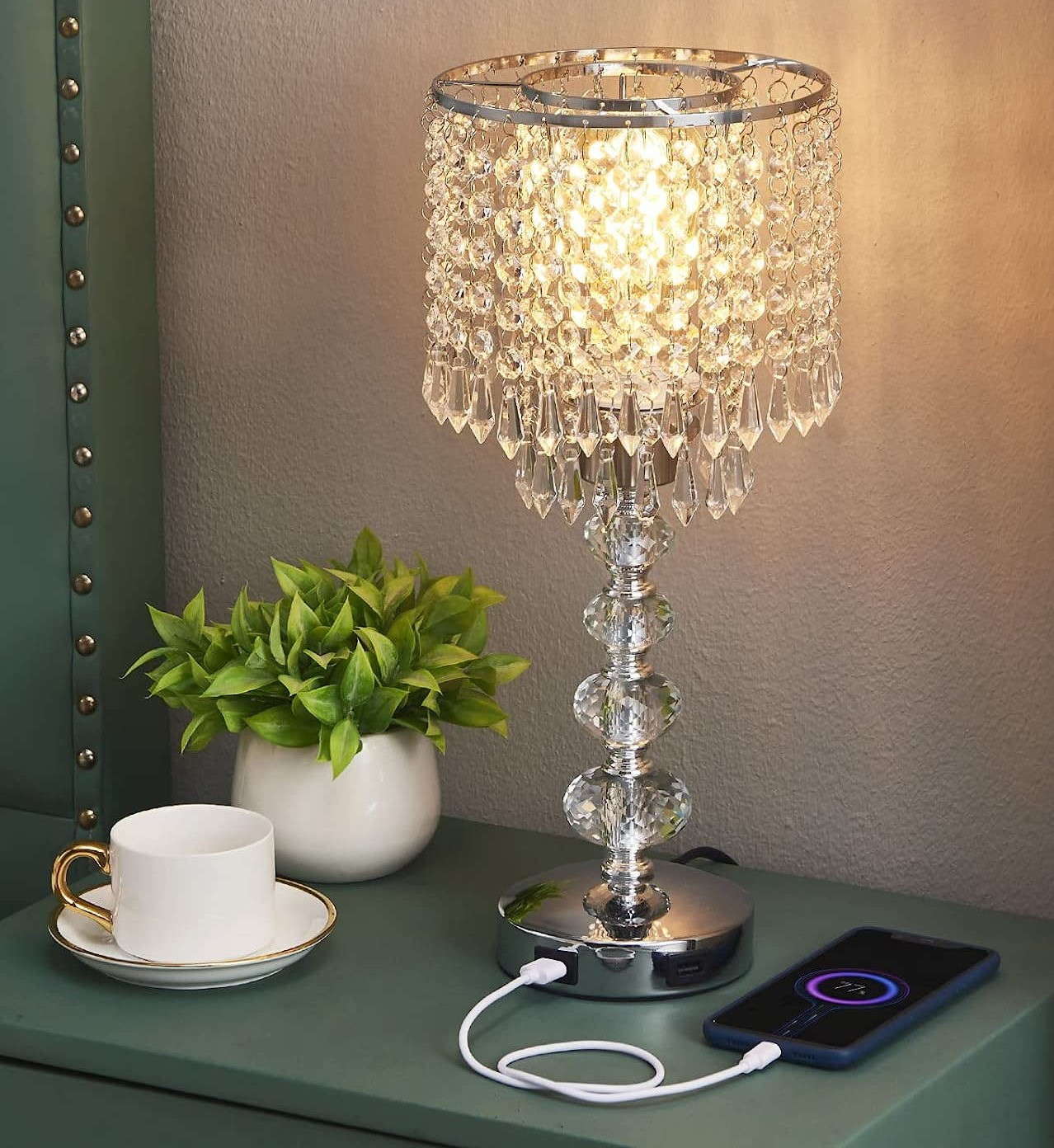 Acaxin Medium Decorative Crystal Table Bedside Lamp with Touch Control, 3-Way Dimmable and Bulb Included, Nightstand Lamp with 2 USB Charging Ports