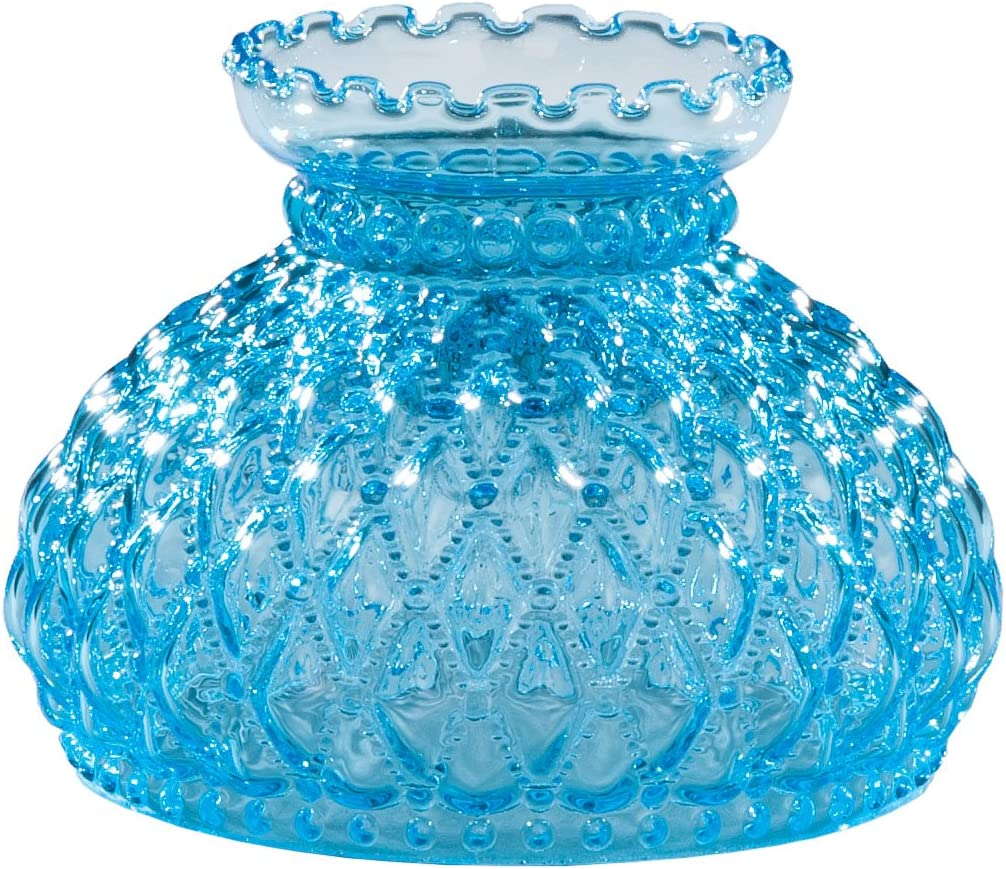 B&P Lamp Light Blue Glass Lamp Shade with Diamond Quilted Pattern Student Glass Shade with Crimped Top, 7 Inch Fitter, for Vintage and Antique Style Lamps