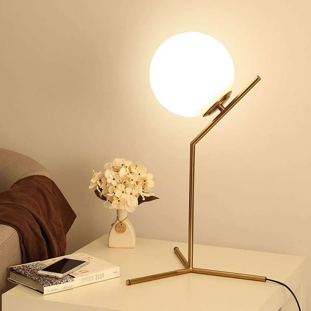 BOKT Glass Table Lamp 1 Light Bedside Table Lamp Metal Standing Reading Lamp with Glass Ball Shade, Gold Desk Lamp for Bedroom, Office, Study Room, Brushed Brass Finished