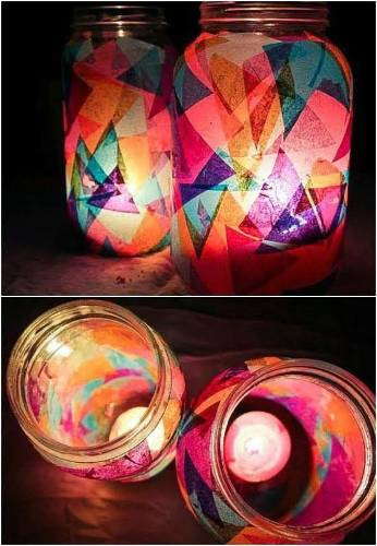 DIY Colorful lanterns made of glass jars, colorful tissue paper, and candles