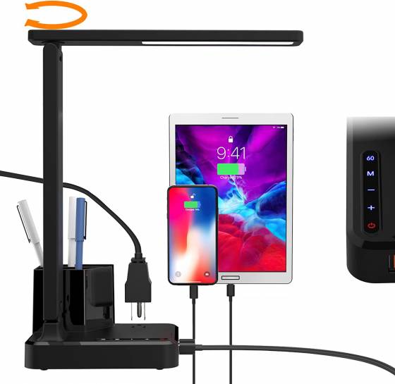 COZOO LED Desk Lamp with 2 USB Charging Ports,1 Outlet, 2 Pen Holders, 3 Color Temperatures 3 Brightness Levels, Touch/Memory/Timer Function,10W Eye Protection Foldable