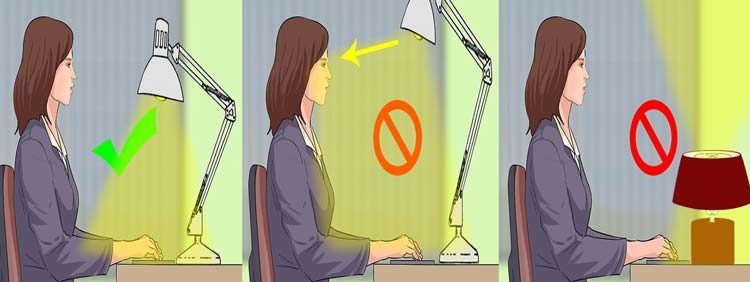 Different desk lamp positions - proper position of a task lamp.