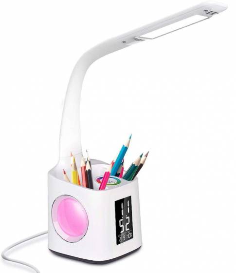 Donewin LED Desk Lamp with USB Charging Port&Pen Holder, Study Light with Clock, Kawaii Desk Accessories, Study Lamp for Kids/Girls/Boys,Desk Light for Office/Reading, Colorful Night Light,10W
