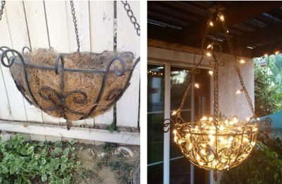 DIY old hanging planter with fairly lights