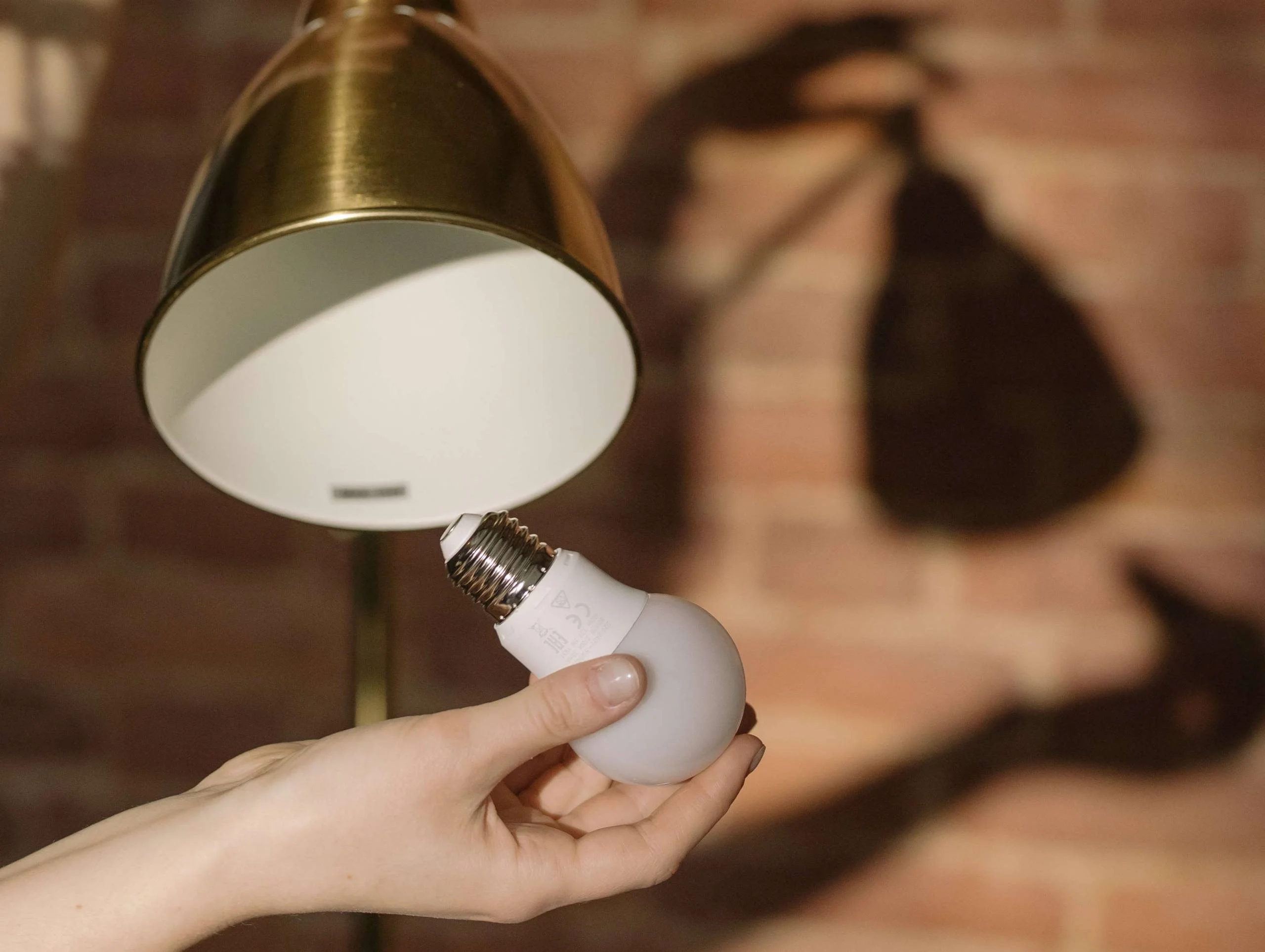 How does a desk lamp work - hand holding a light bulb in front of a desk lamp