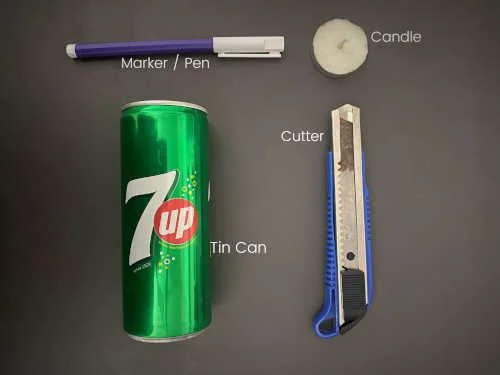 Parts needed to make the tin can lampshade - tin can, marker, candle, utility knife