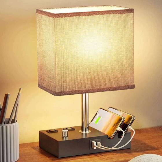 Fully Dimmable Table Lamp for Bedroom with USB C Ports, Kakanuo Small USB Bedside Lamp with 2 Charging Outlets and Phone Stands,
