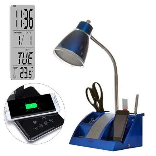 Desk lamp with a storage compartment, mobile charger and digital clock and temperature display