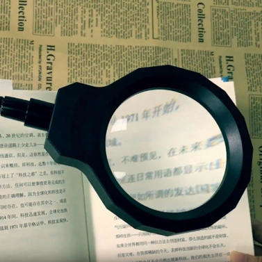 Enlarged letters in the book viewed through a magnifying lamp