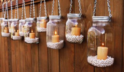 DIY Mason Jars Hang Lanterns with dry beans, pebbles, or coffee beans and candles