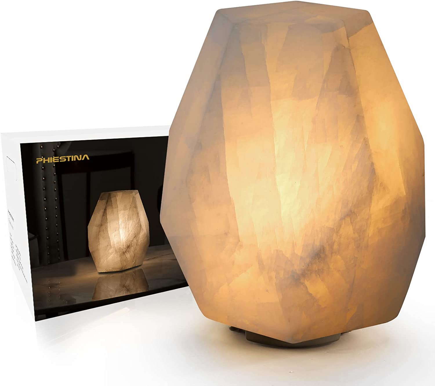 Handcrafted Solid Stone Lamp Carved from Natural Calcite, Unique Lamp with One-of-a-Kind Crystal Texture, Dimmable Small Table Lamp for Bedside Bedroom, Accent Lamp by Phiestina, Pentagon White