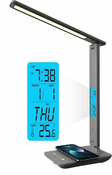 Poukaran LED Desk Lamp with Wireless Charger, USB Charging Port, Clock, Alarm, Date, and Temperature