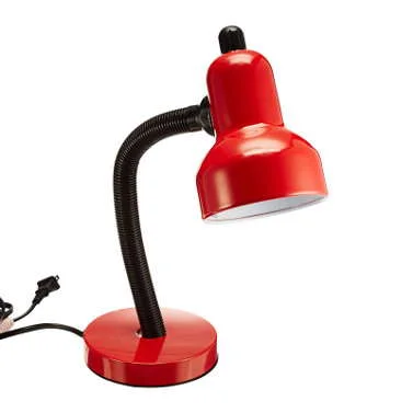 Red desk lamp with an adjustable thick black gooseneck arm