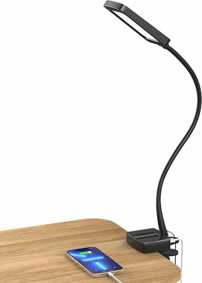 Clamp Desk Lamp, TROND Eye-Care Desk Light with USB Charging Port, 5 Color Modes 5 Level Brightness, 30-Minute Auto Timer Flexible Gooseneck Task Lamp for Sewing Reading Drawing Crafting, 11W, Black