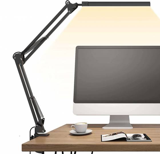 TROPICALTREE LED Desk Lamp, Swing arm Desk Light with clamp, 3 Lighting 10 Brightness Eye-Caring Modes, Reading Desk Lamps for Home Office 360 Degree Spin with USB Adapter & Memory Function black-14W