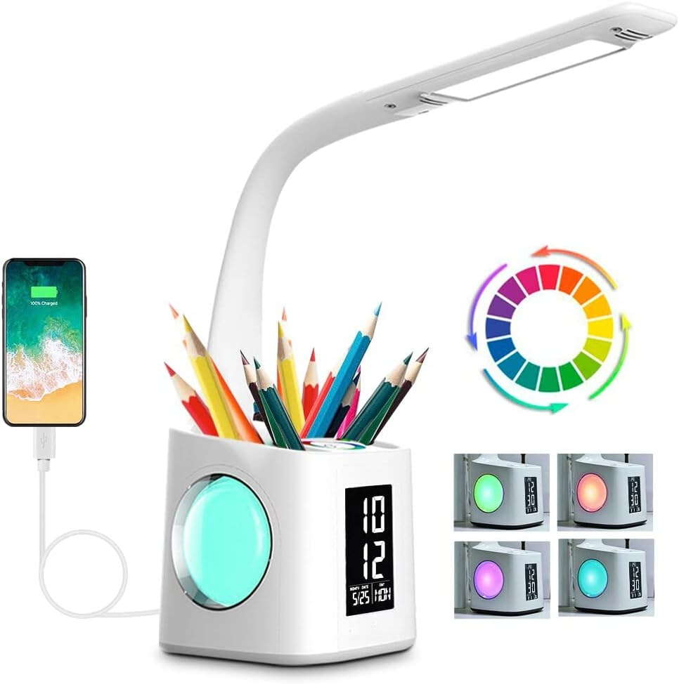 wanjiaone Study LED Desk Lamp with USB Charging Port&Screen&Calendar&Color Night Light, Kids Dimmable LED Table Lamp with Pen Holder&Clock, Desk Reading Light for Students,10W