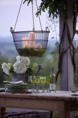 DIY Garden Wire Basket Chandelier with candles