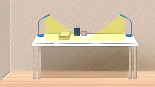 Infographic of Bigger work-spaces requires more illumination power. Workspace with two desk lamps.